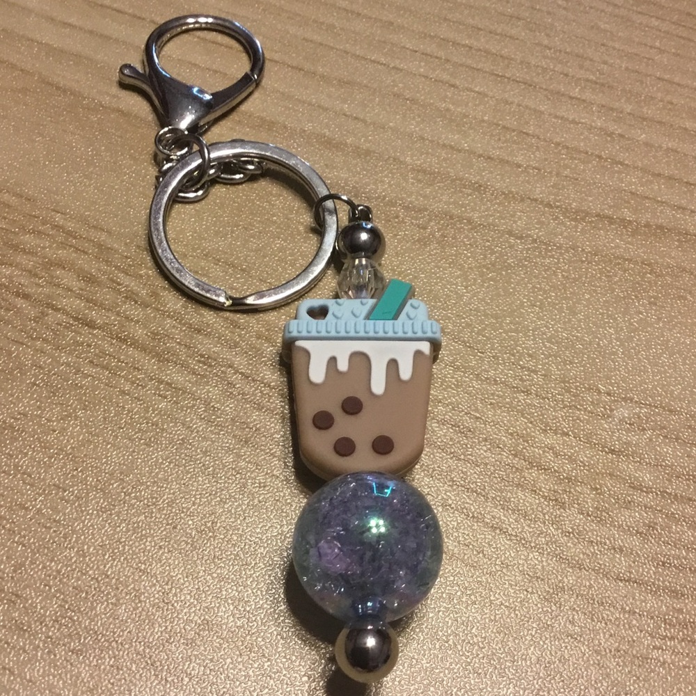 Bubble Tea Keychain with Brown and Silver Accents